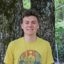 boy in yellow shirt standing in front of tree